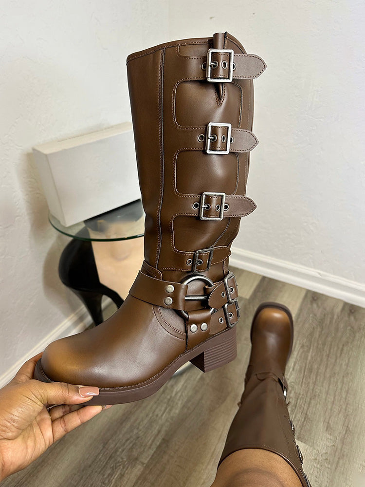 Buckle Leather Chunky Heel Biker Boots