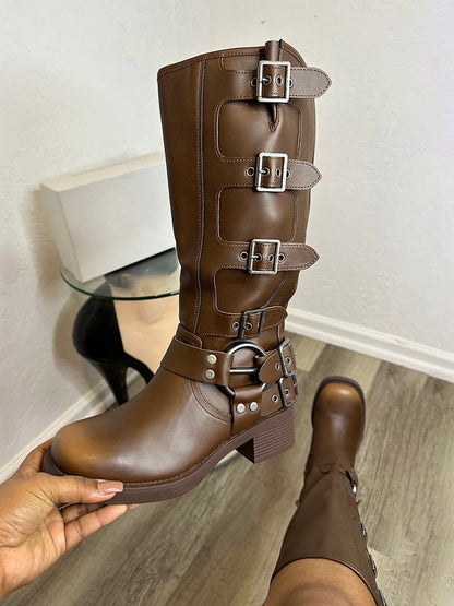 Buckle Leather Chunky Heel Biker Boots