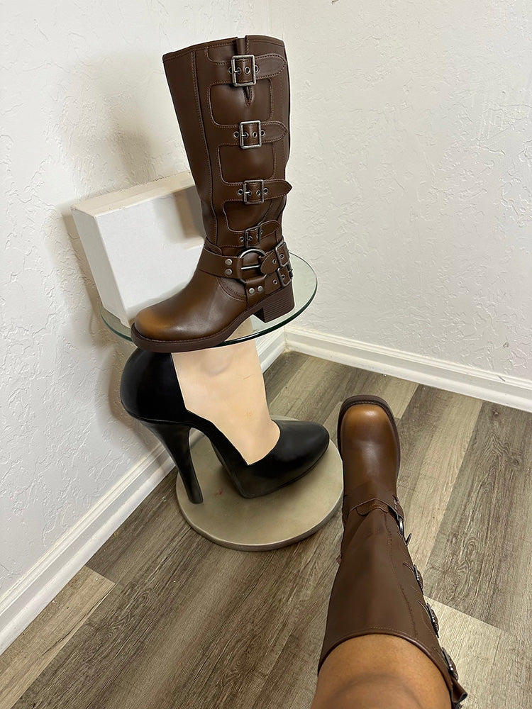 Buckle Leather Chunky Heel Biker Boots