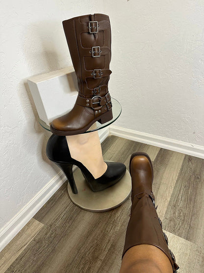 Buckle Leather Chunky Heel Biker Boots