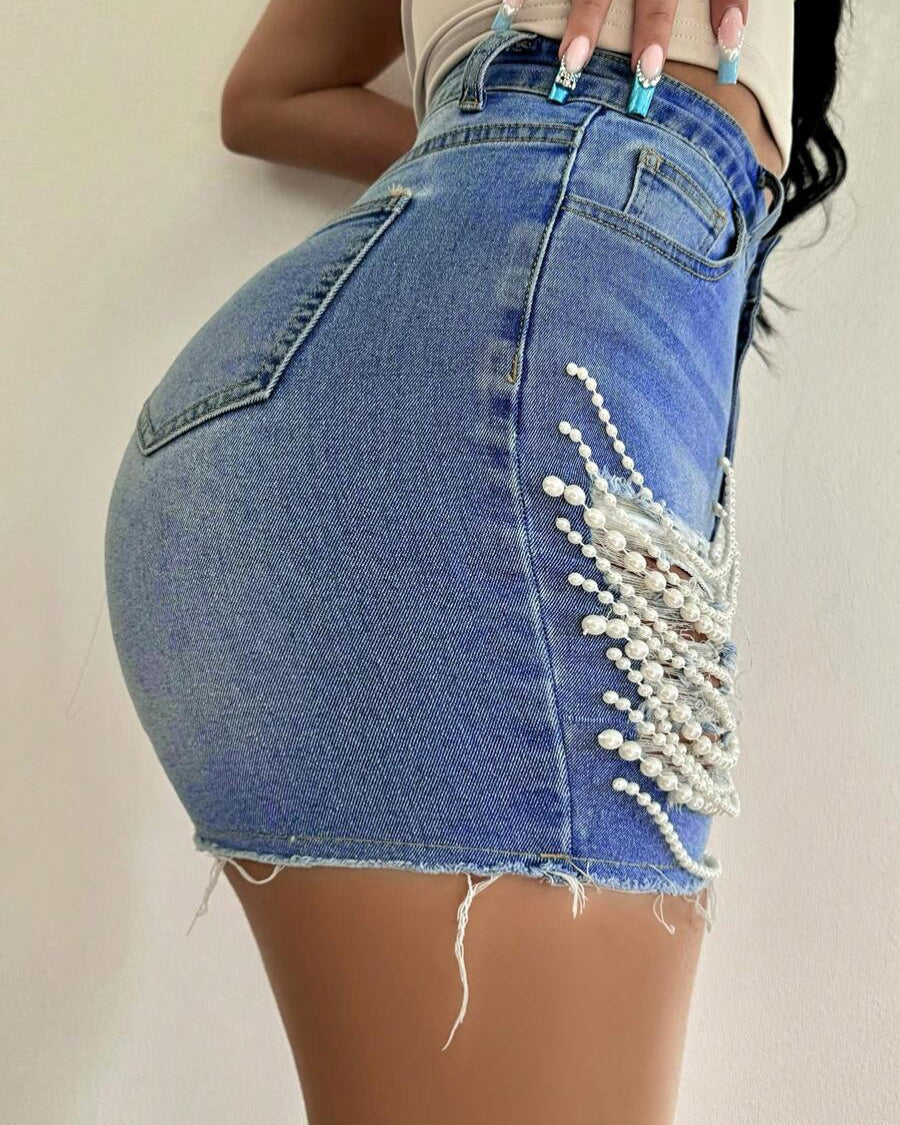 High Waist Handmade Bead Chain Ripped Denim Shorts