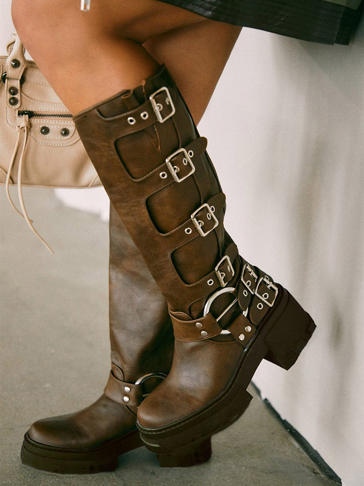 Buckle Leather Chunky Heel Biker Boots
