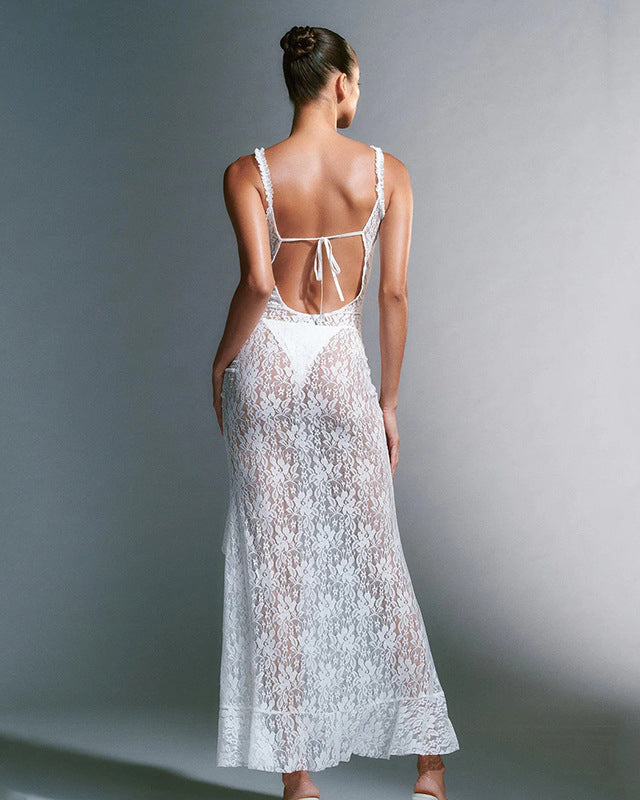 Sexy Fashionable Lace Suspender Stitching Backless Long Dress