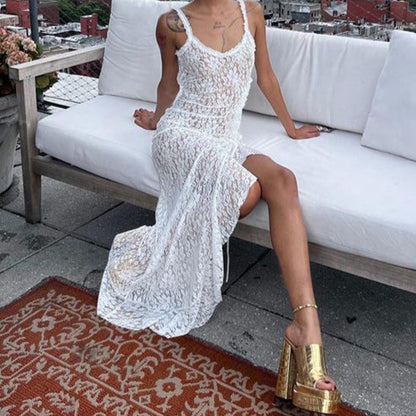 Sexy Fashionable Lace Suspender Stitching Backless Long Dress