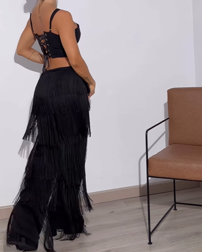 Cut-Out Waist-Revealing Fringed Jumpsuit (Pre-Sale)