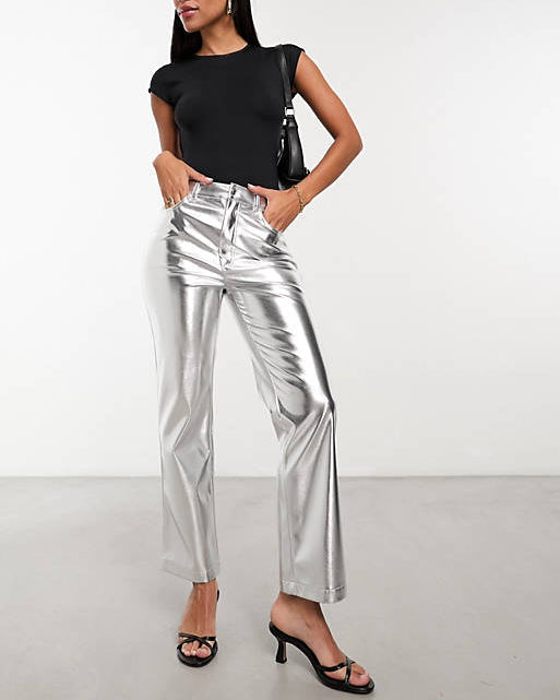 Never Fully Dressed PU Trouser In Metallic Silver Women Silver