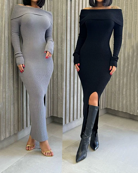 Flat Shoulder Knitted Bodycon Long Dress (Pre Sale)