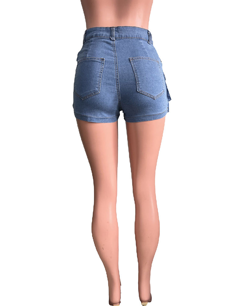 Stretch-Zip Multi-Pocket Denim Shorts