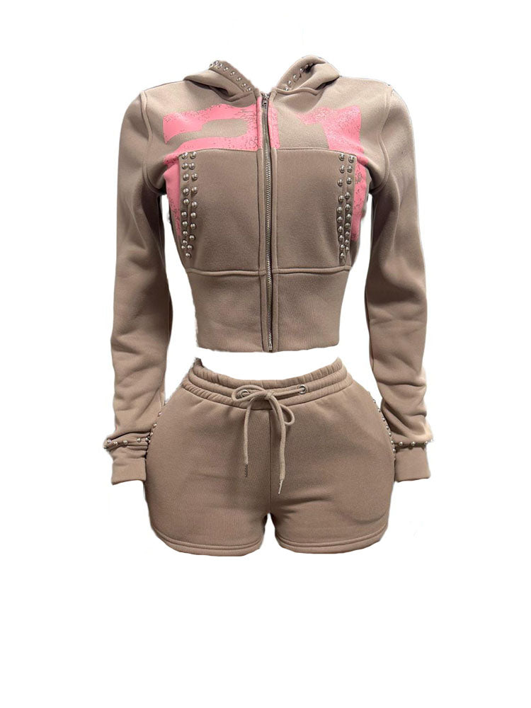 Studded Hoodie Jacket & Shorts Set