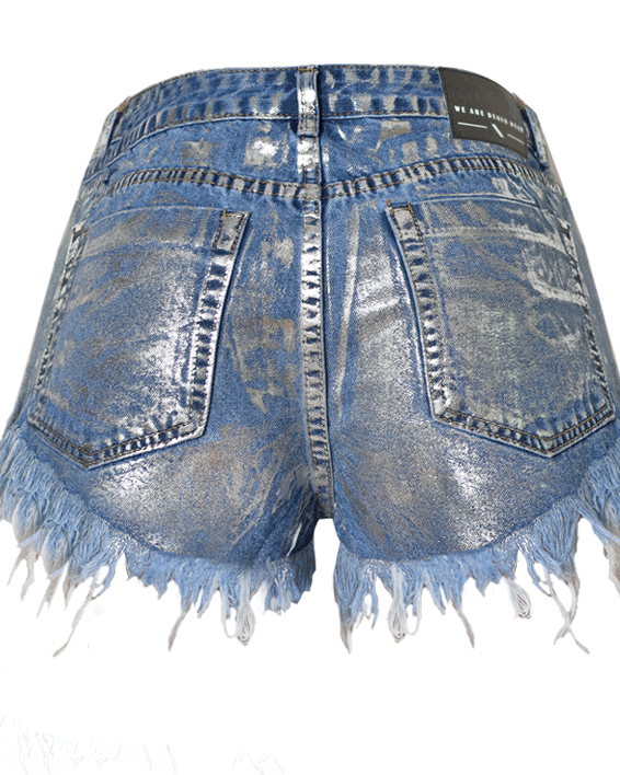 High-Waisted Slim-Fit Ripped Studded Denim Metallic Silver Denim Shorts