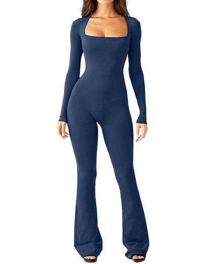 Long Sleeve Wide Collar Slim Fit Yoga Jumpsuit Navy