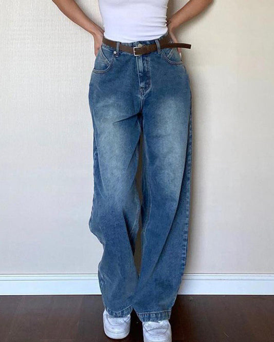 Distressed Retro Loose Floor-Length Jeans Blue