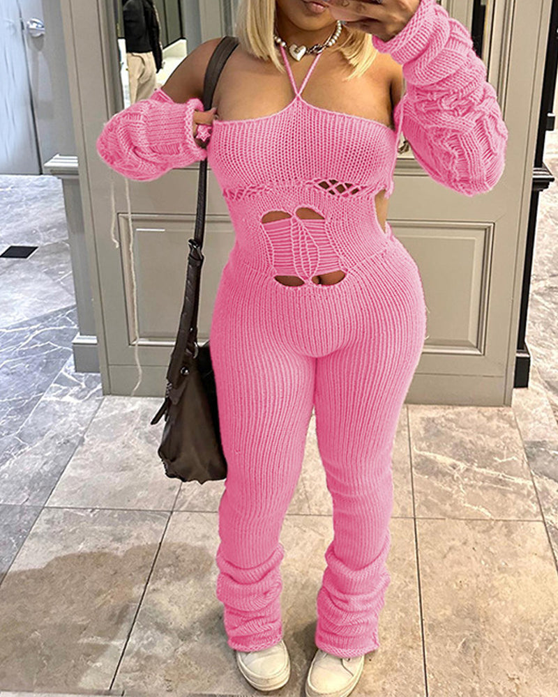 Sexy Strappy Halterneck Knitted Long-Sleeved Slim Fit Jumpsuit HotPink