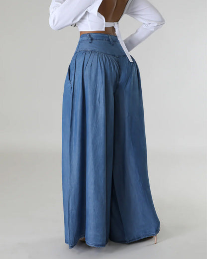 High Waist Wide Leg Denim Women Pants Casual Floor Loose Spring Skirt Trousers