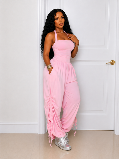 Solid Halter Ruched Jumpsuit