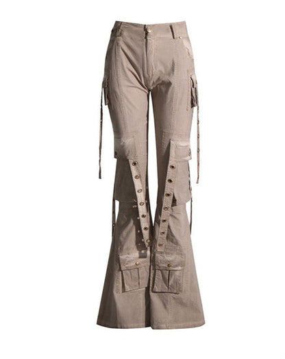 Low-Waisted Slim-Fit Bell-Bottom Retro Tassel Women’s Casual Trousers Khaki