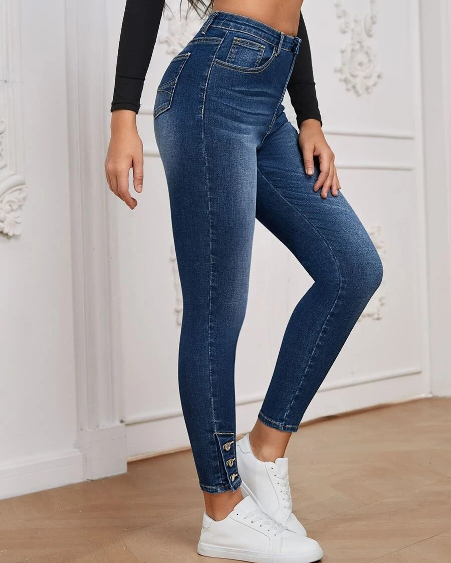 Buttoned High Elastic Tight Denim Trousers Women