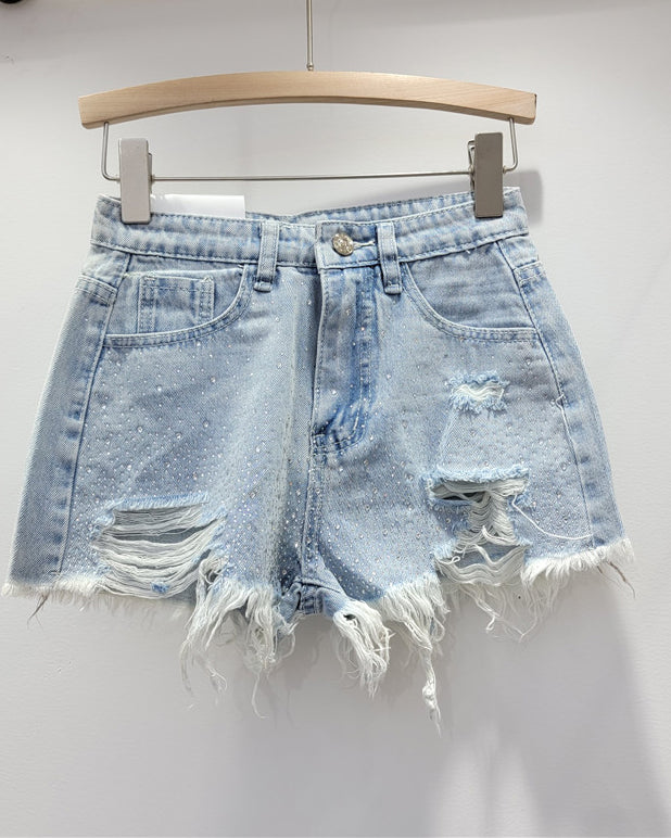 High-Waisted Slimming Colored Perm Ripped Denim Shorts Blue