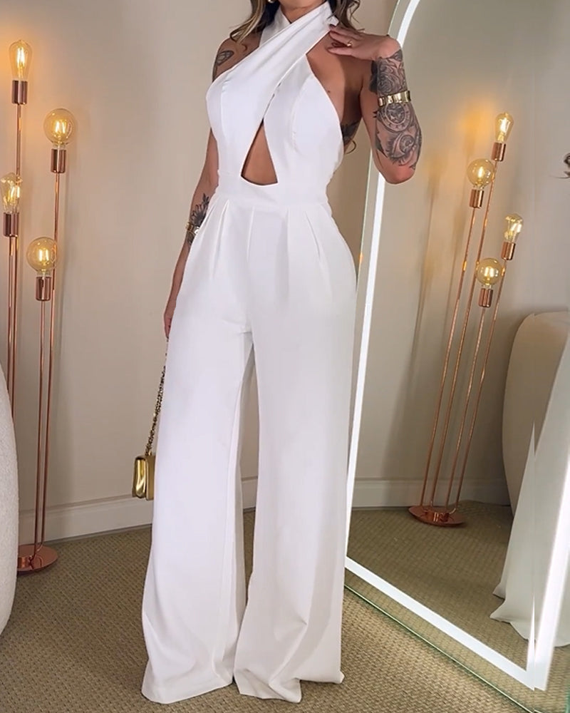 Cross Halter Neck Open Back Wide Leg Jumpsuit (Pre-sale)