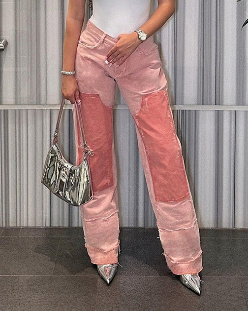 Contrast Color Patchwork High Waisted Loose Casual Jeans Pink