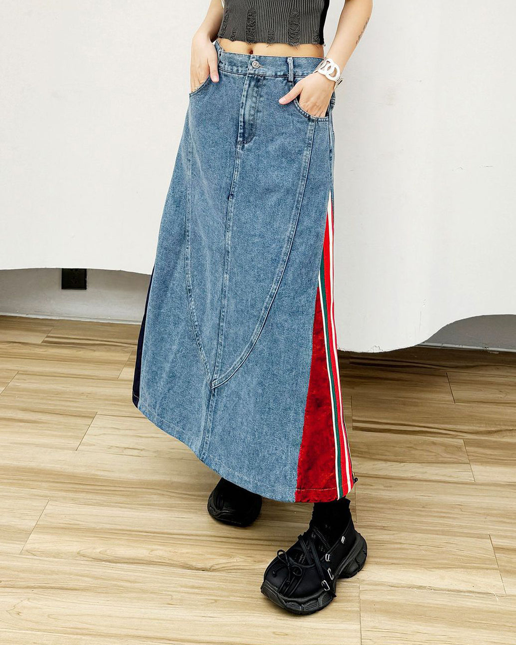 High Waisted Paneled Contrast Denim Skirt