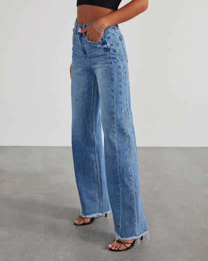 Relaxed Wide-Leg Side-Seam Paneled Frayed Hem Jeans