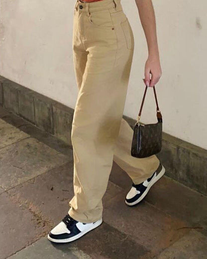 High-Waisted Loose Straight Drape Casual Pants Women Khaki