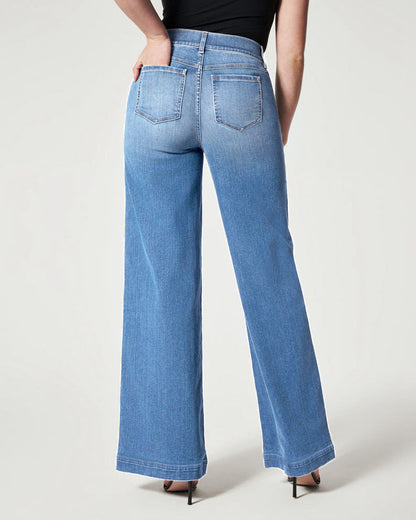 Wide-Leg High Stretch Elastic Waist Washed Jeans