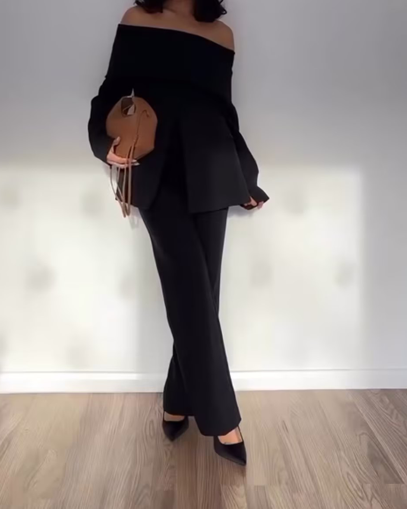 One-Shouldered Texture Long Sleeved Trousers Two-Piece Suit (Pre-Sale)