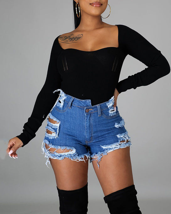 Women’s Ripped Frayed Denim Shorts Blue