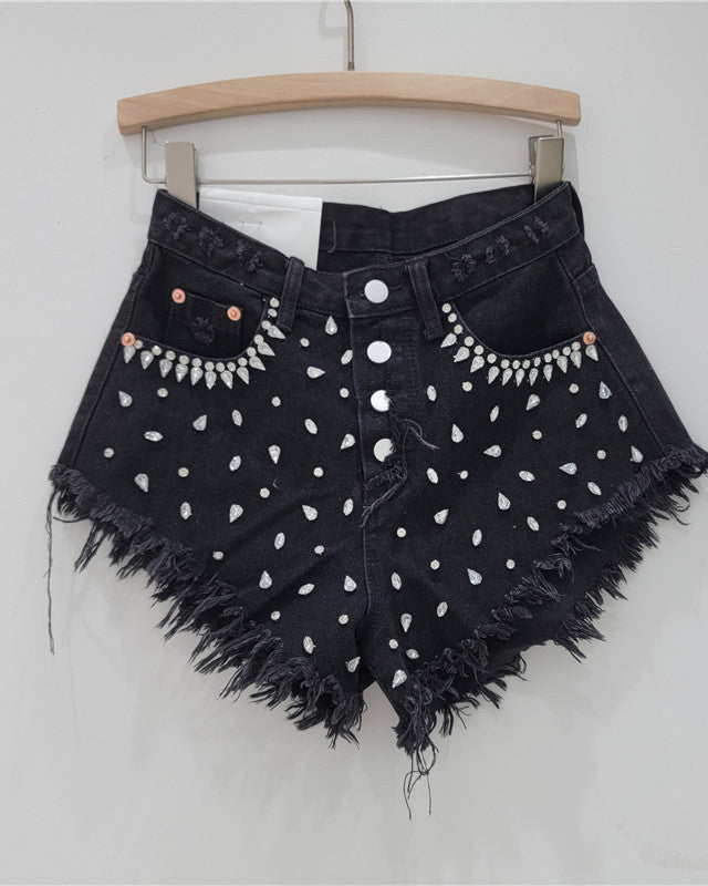 Rhinestone Beaded Fringed 3-Quarter Denim Shorts Black S