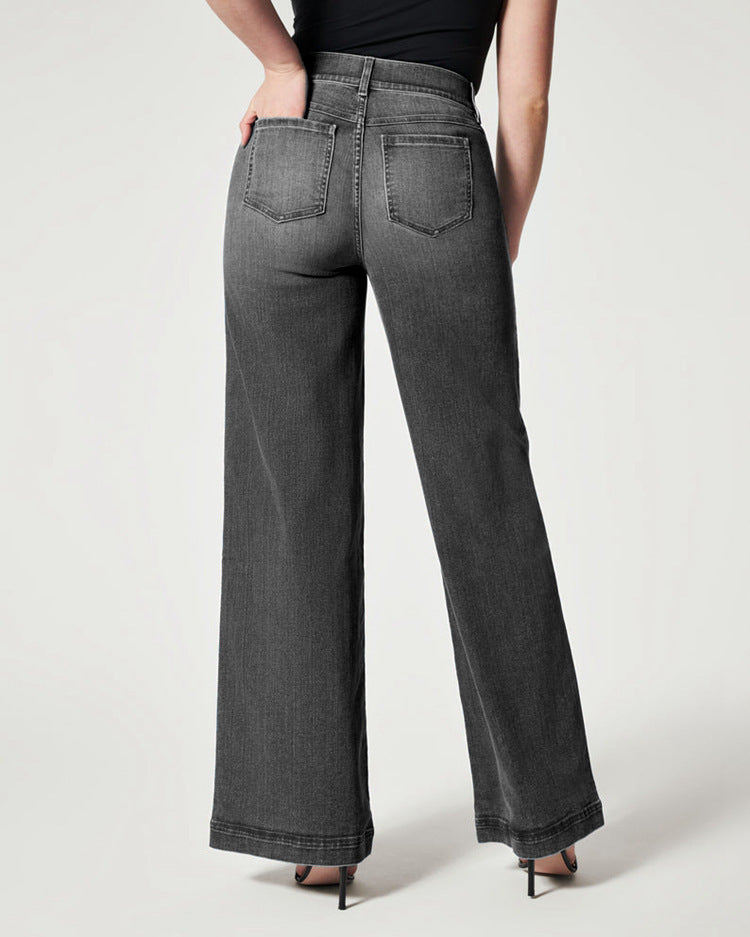 Wide-Leg High Stretch Elastic Waist Washed Jeans