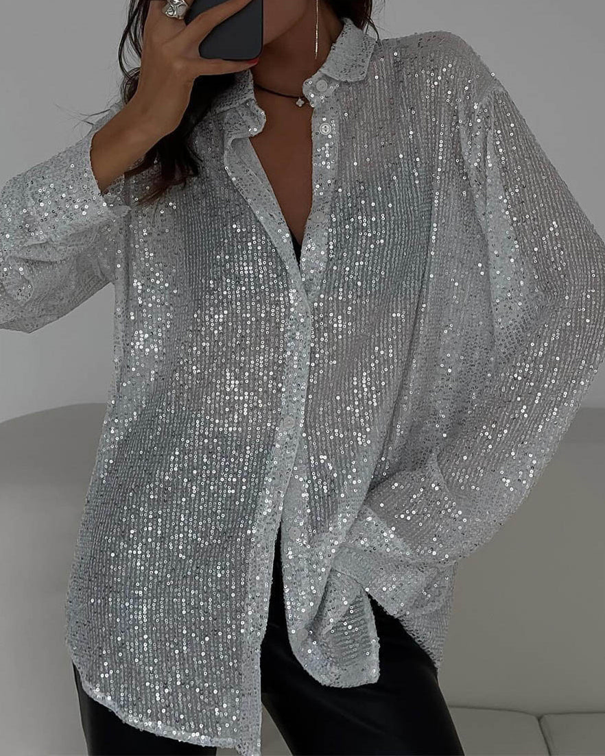 Sequined Lapel Long Sleeve Shirt