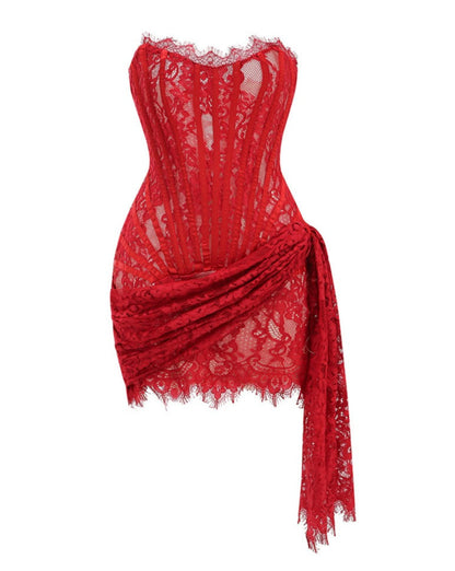 Sexy Lace Irregular Tube Top Skirt Fishbone See-Through Waist Dress Red