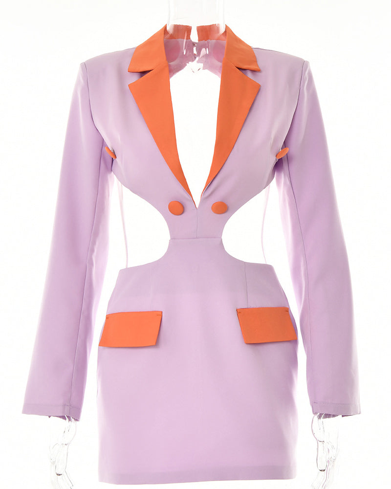 Colorblock Lapel Backless Blazer Dress