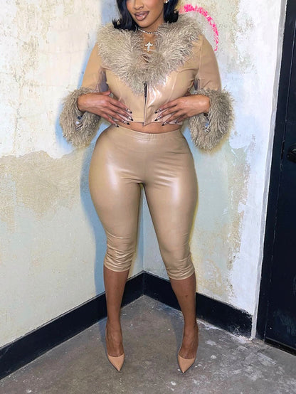 Leather Fur Trim Jacket & Pants Combo