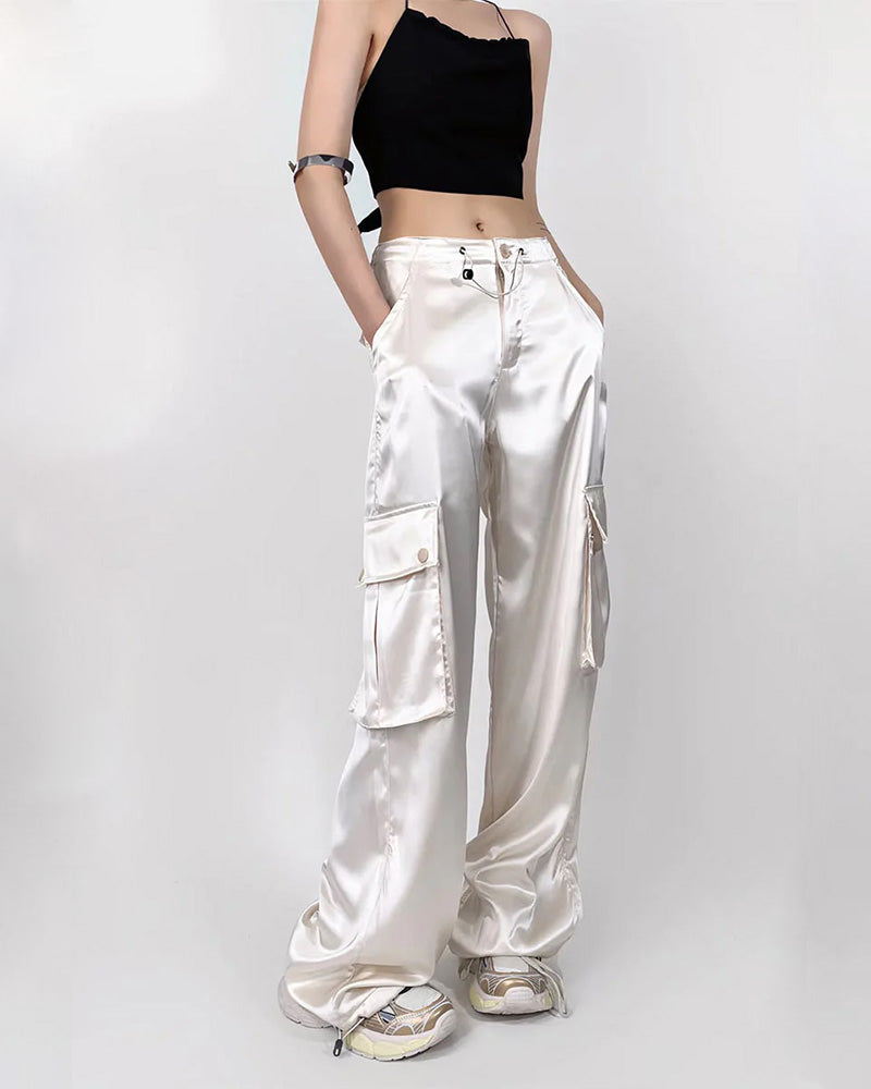 Loose Straight High-Waisted Casual Satin Overalls White