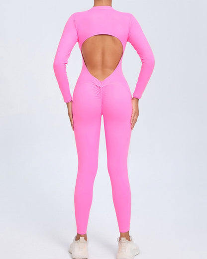 Zippered Long Sleeve Butt Lift Yoga Jumpsuit