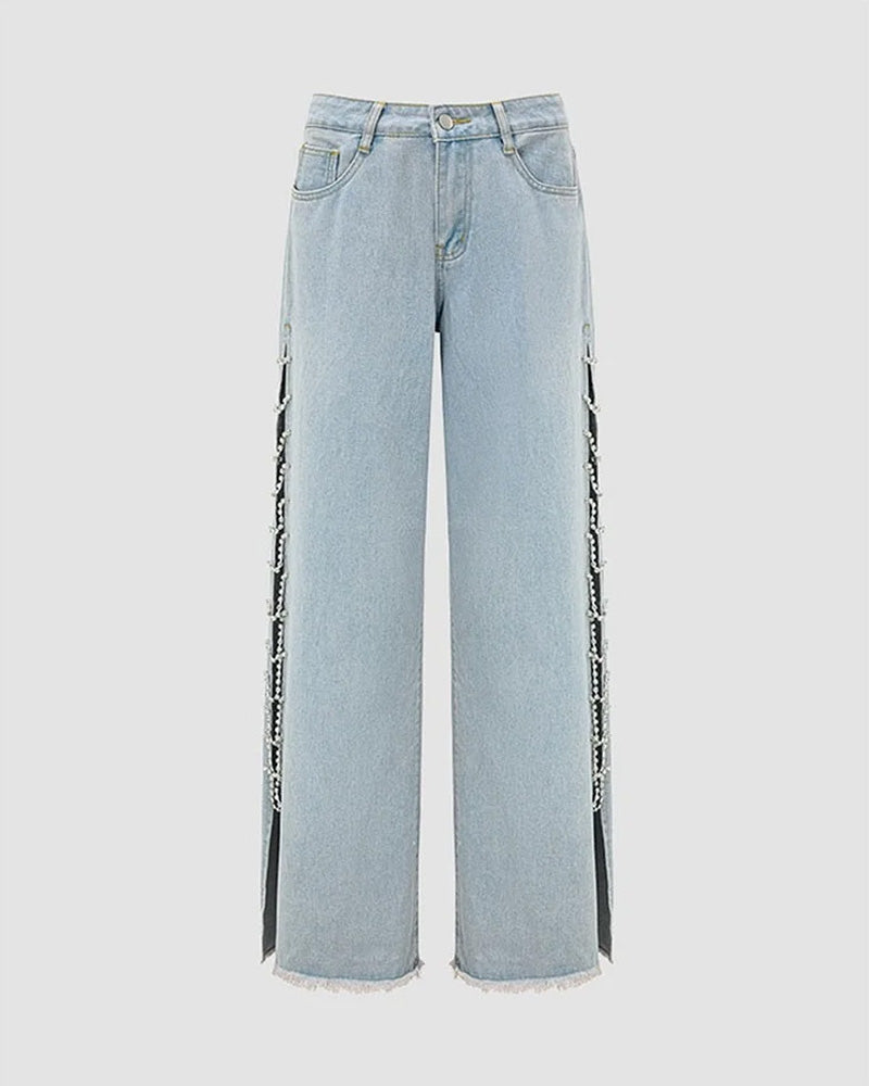 Wide-Leg Draped Sparkling Diamond Cutout Jeans