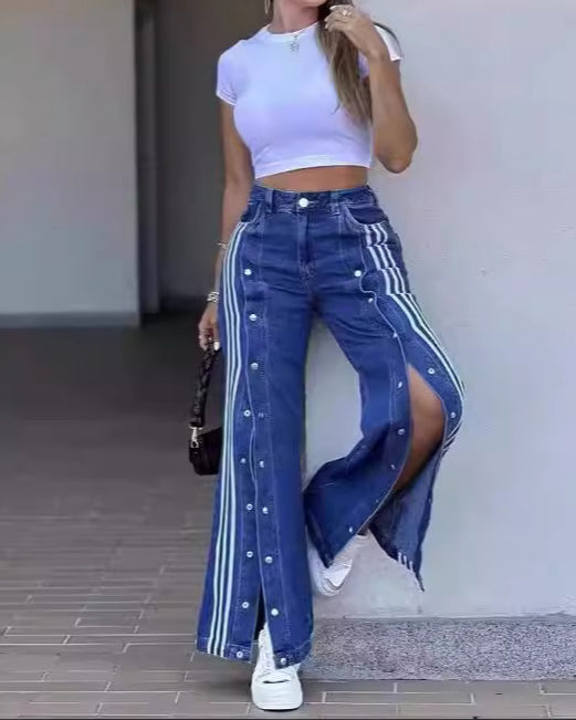 Three Stripes Wide Leg Loose Stretch Casual Jeans