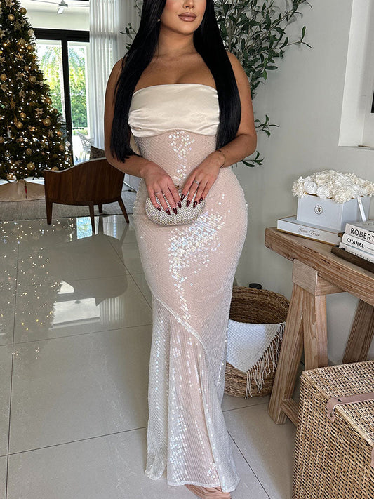 Bow Back Sequin Strapless Dress