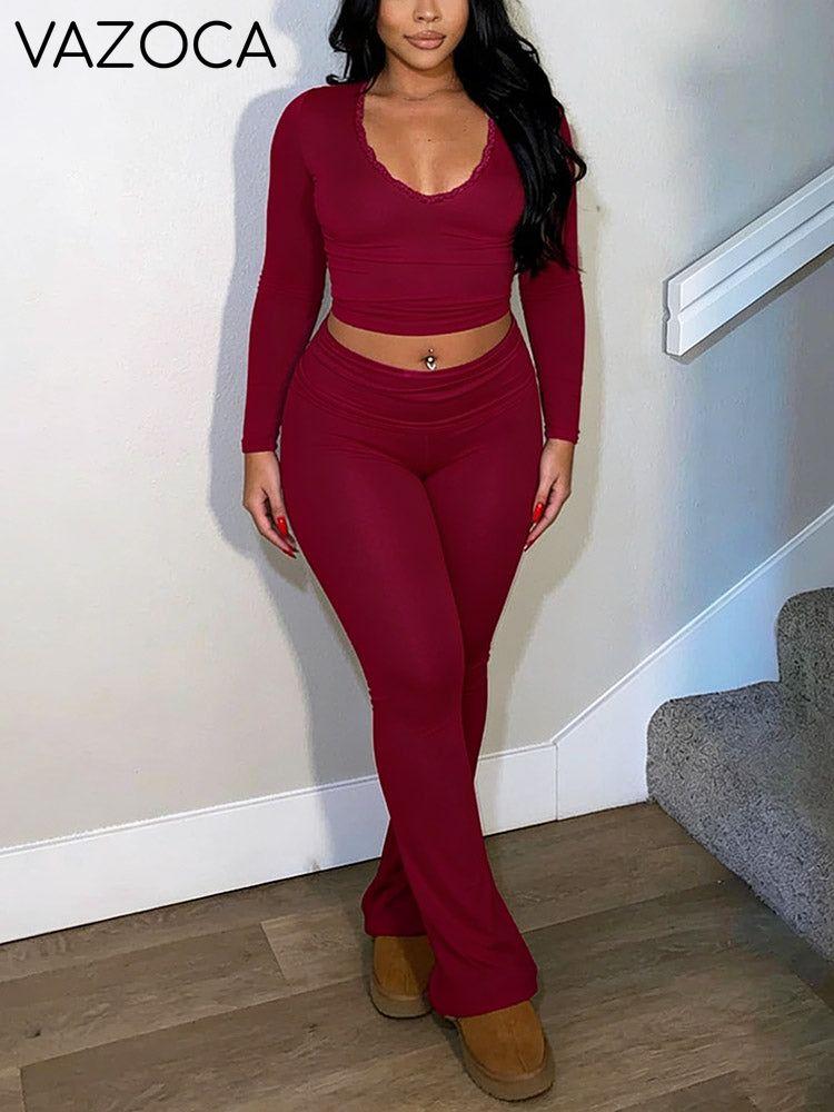 Contrast Lace Crop Top & Flare Pants Lounge Set