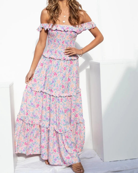 Small Floral Print Fresh and Sweet Breast-Wrap Long Dress Violet