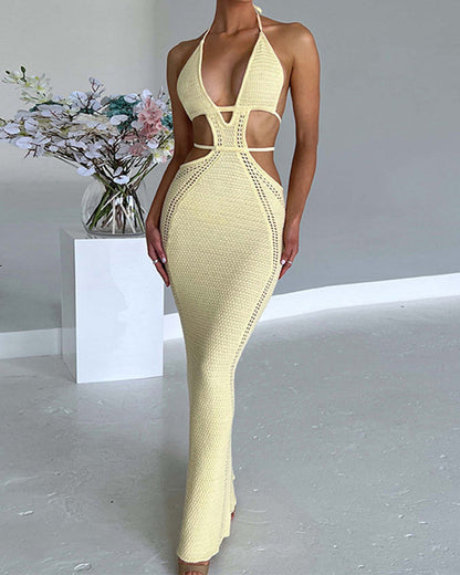 Halterneck Strappy Woven Bodycon Dress Yellow