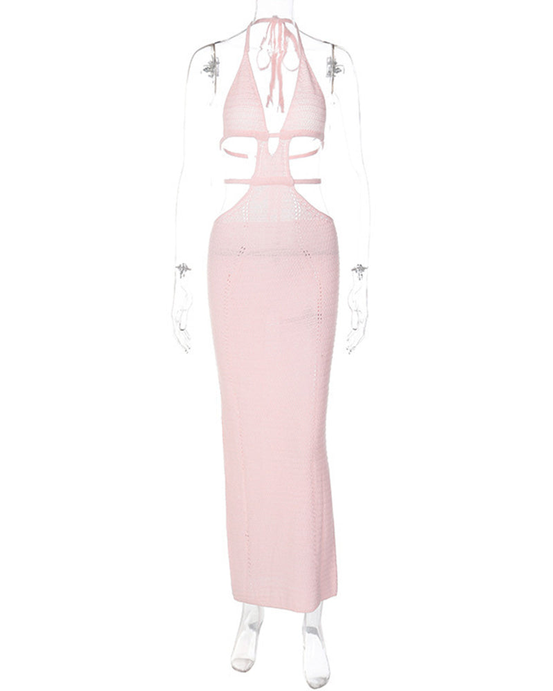 Halterneck Strappy Woven Bodycon Dress Pink