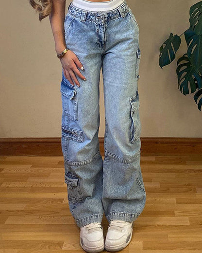 Vintage Cargo Y2K Chic Straight Zippers Pocket Baggy Jeans Female Trousers