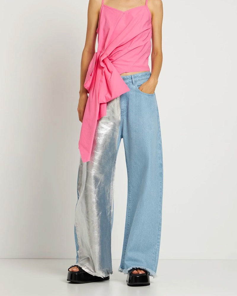 Patented Design Wide-Leg Versatile Irregular Silver Trousers Lightblue