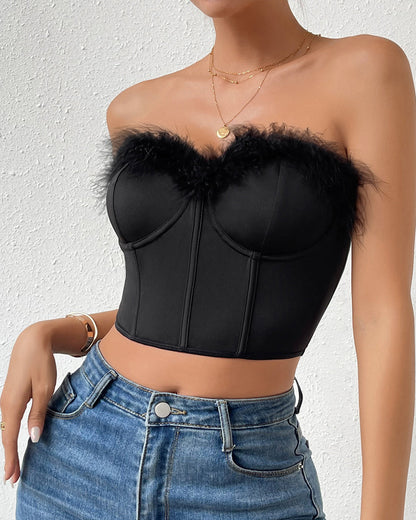 Low-Cut Feather Paneled Short Underwired Herringbone Top