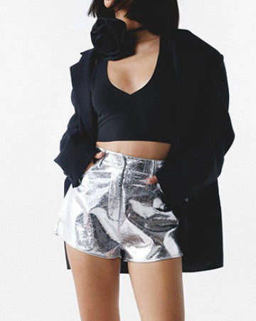 Silver Pu Leather High Waist Shorts