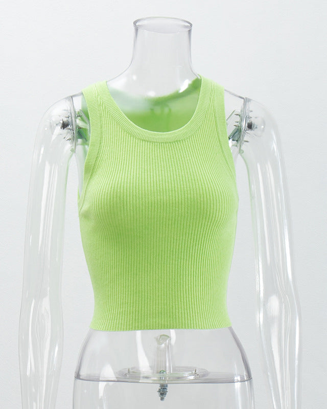 Ribbed Knitted Solid Color Slim Short Camisole